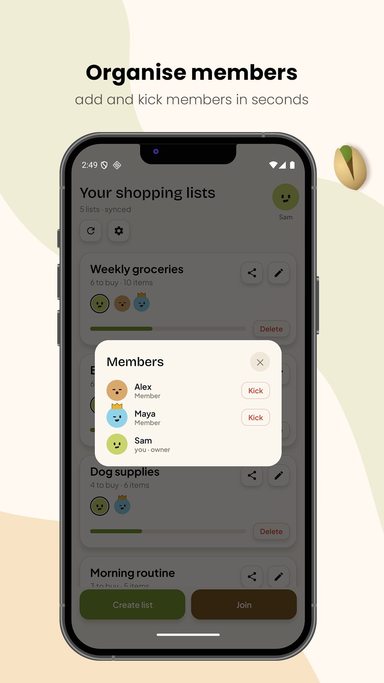 The members panel of a list, with the option to remove someone.