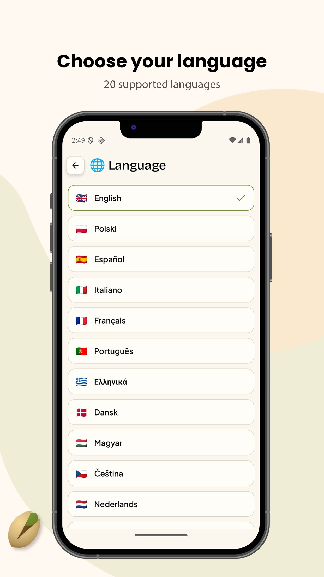 The language picker showing the supported app languages.